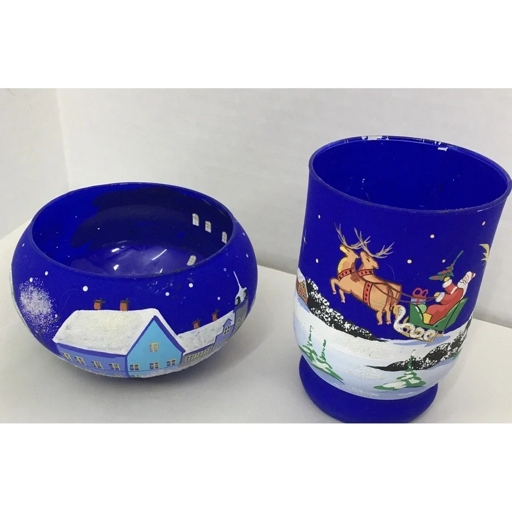 Votive Hand Painted Christmas Scenes Candle Holders Frosted‎ Cobalt Blue